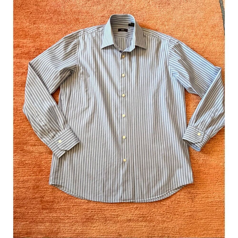 Hugo Boss Blue Striped Dress Shirt 16 34/35 Long Sleeve Cotton